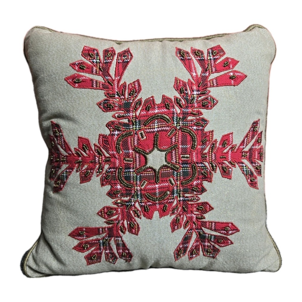 Pier 1 Beaded Plaid Snowflake Christmas Throw Pillow‎ 15" Holiday Contemporary